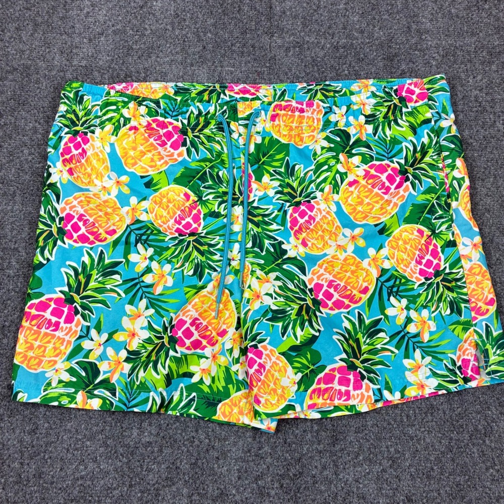 George Mens Size Large 36/38 Pineapple Floral Swim Trunks Blue Pink Yellow